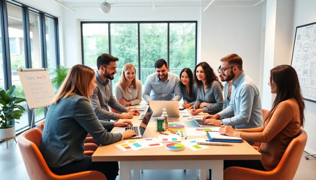 Social media agency team collaborating in a vibrant office setting to enhance creativity.