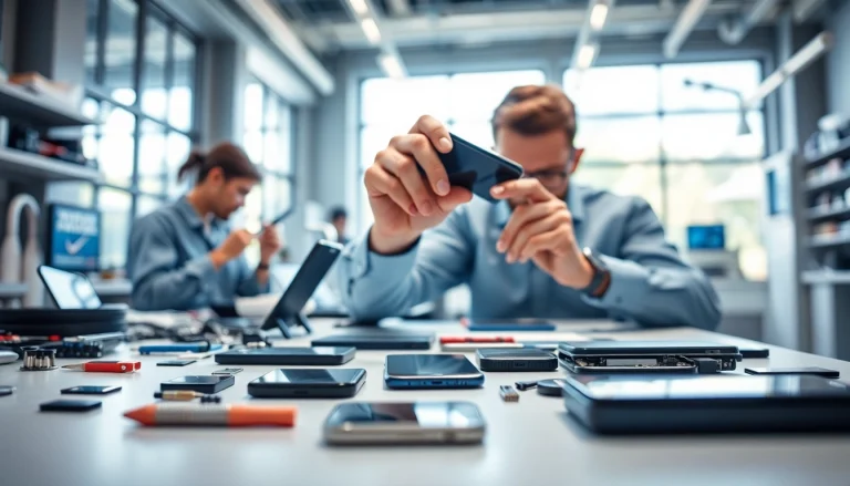 Torino riparazione cellulari con tecnici esperti che riparano smartphone in un negozio moderno.