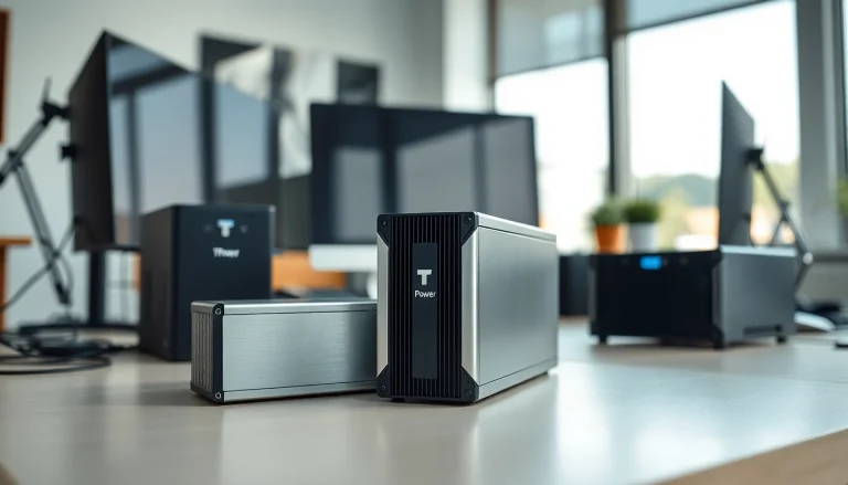 Showcasing TPower power supply devices in a modern tech workspace setup.