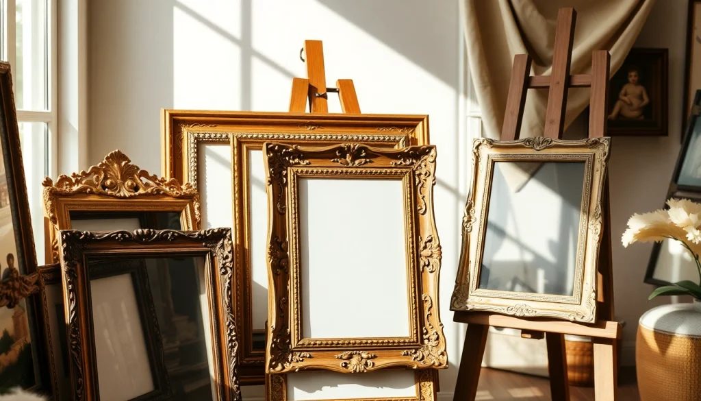 Show vintage frames uniquely displayed in an art gallery with natural lighting.