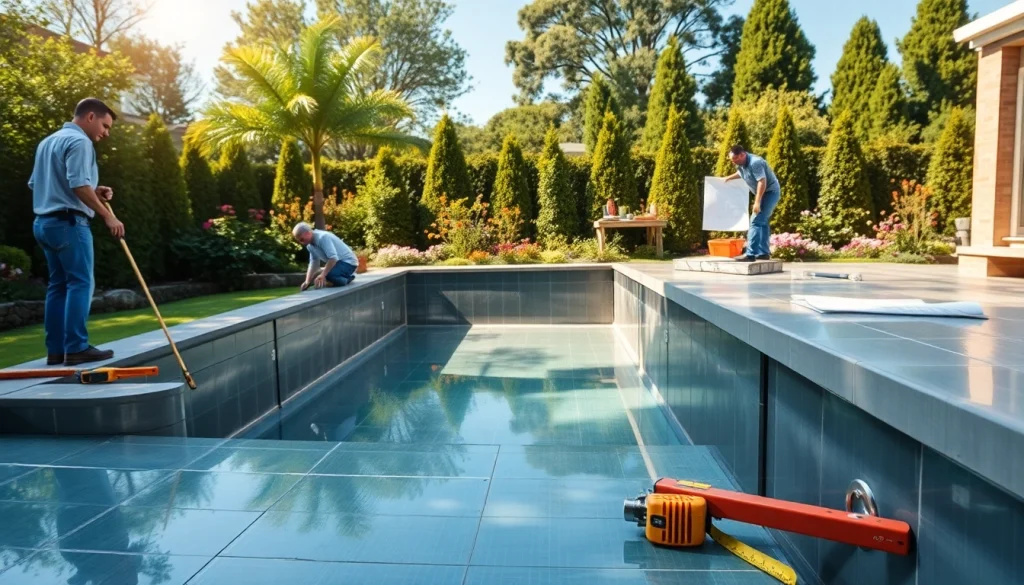 Swimming pool installation process in a lush backyard with professionals at work.