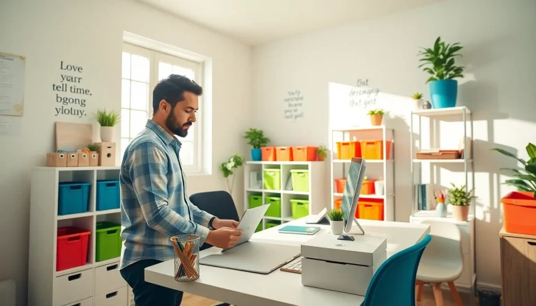 House organizer Johns Creek creating a tidy workspace in a bright home office.