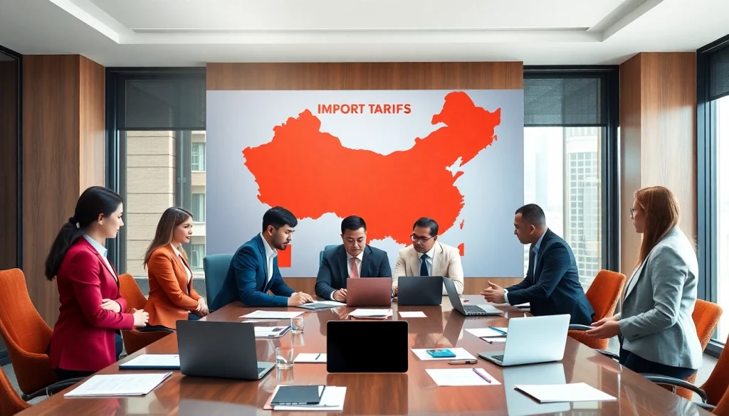 Discussing import tariffs China with diverse executives in a modern office setting