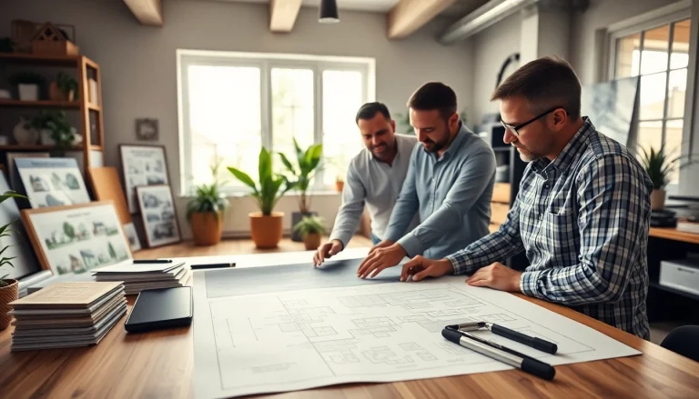 Custom home builders near me collaborating on blueprints in a modern office setting.