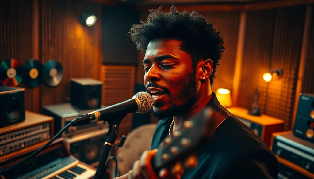 R&B artist passionately recording in a vintage studio for the 12play album.