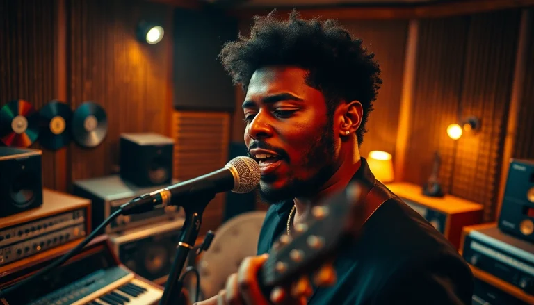R&B artist passionately recording in a vintage studio for the 12play album.