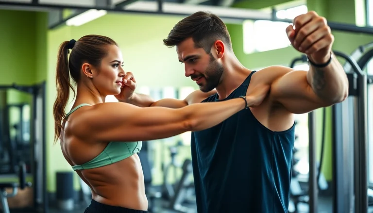 Engaging gym Training Consultation session between a trainer and a client in an energetic atmosphere.