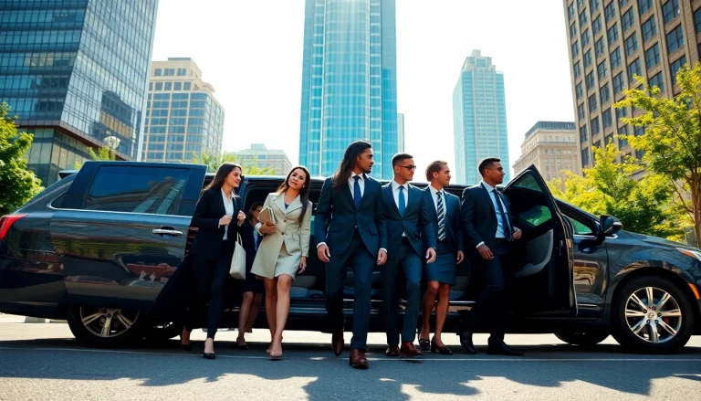 Dynamic corporate transportation group arriving in luxury, showcasing professionalism and elegance.