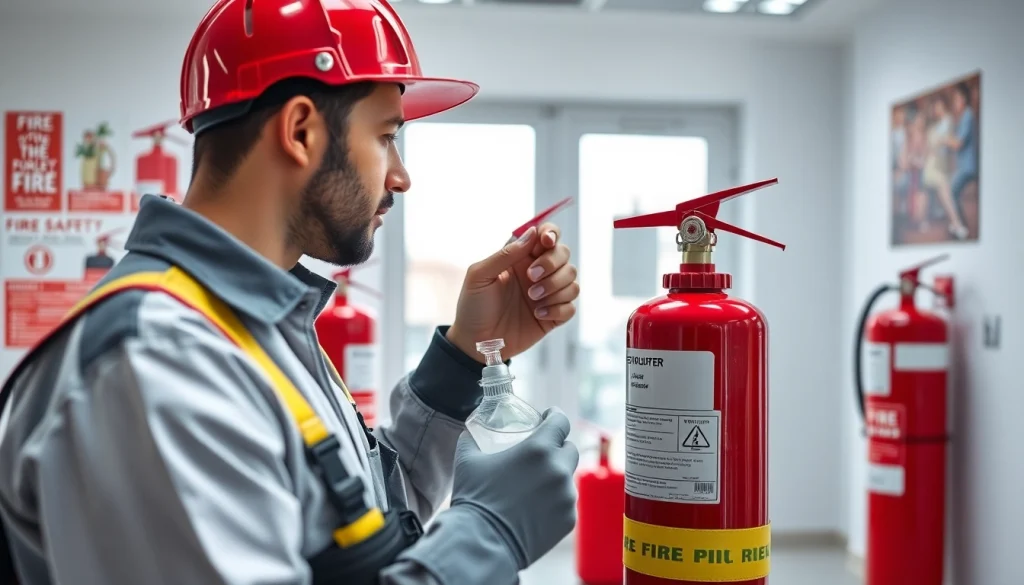 Technician performing fire extinguisher servicing and inspection in a professional environment.