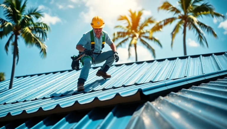 Showcase of florida metal roofing installation in sunny Florida with contractor at work.