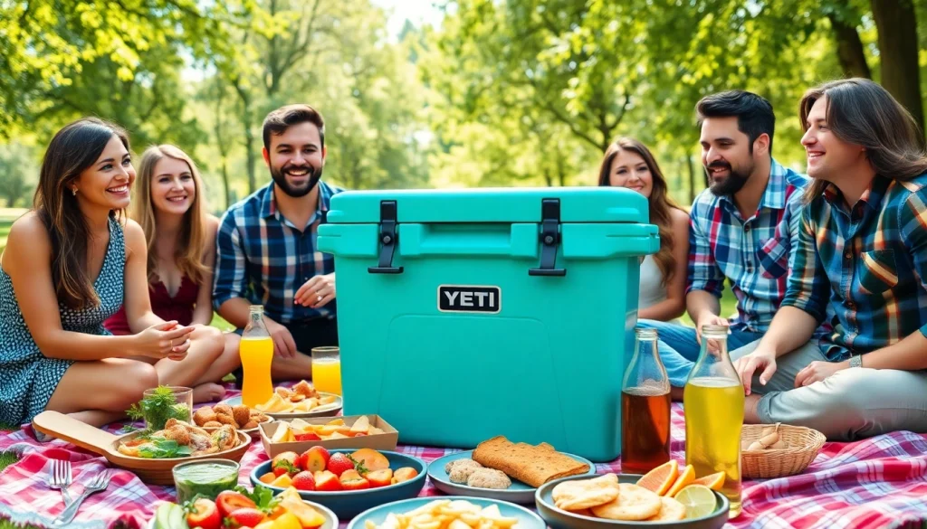 Group of friends enjoying a picnic with a yeti roadie 24 alternative prominently featured.