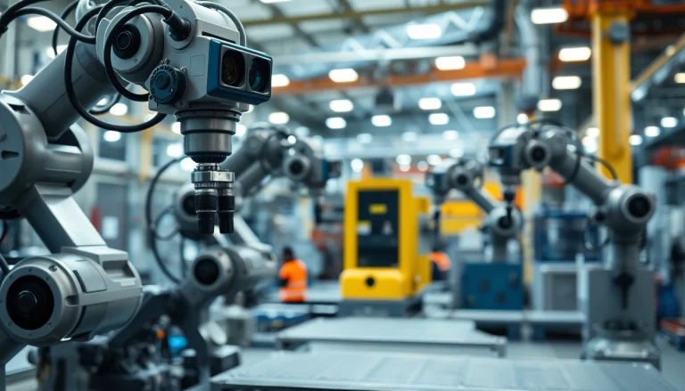 Machine vision system automating precision tasks in a modern factory setting.