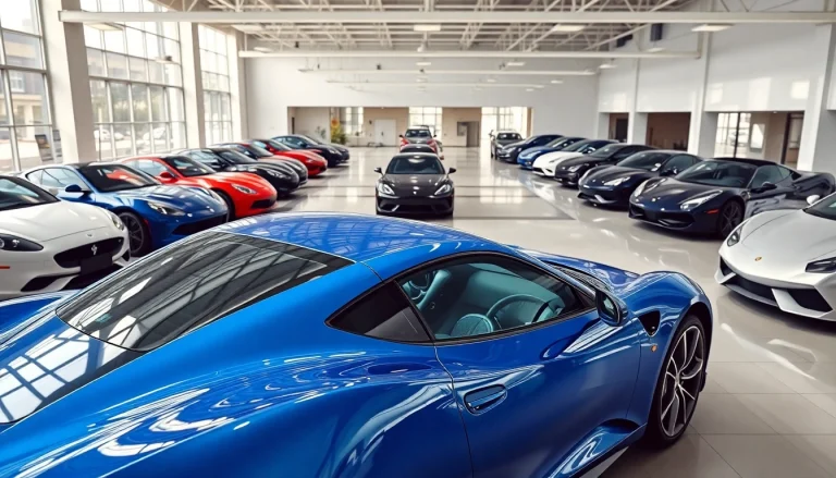 Exquisite display showcasing the perfect car among luxury and sports vehicles in an elegant showroom.