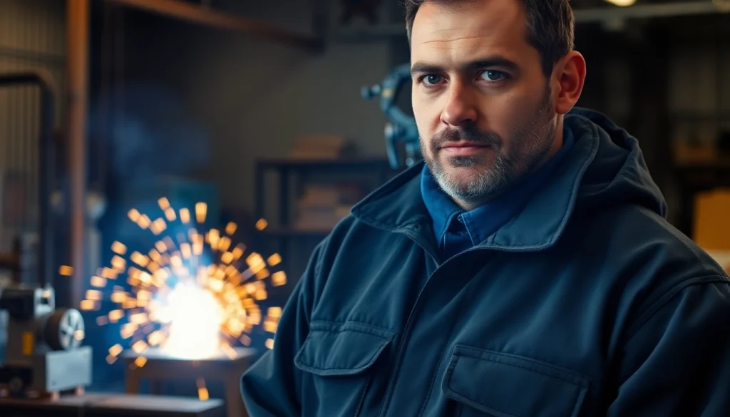 Welder demonstrating safety in a quality welding jacket amidst sparks in a workshop.