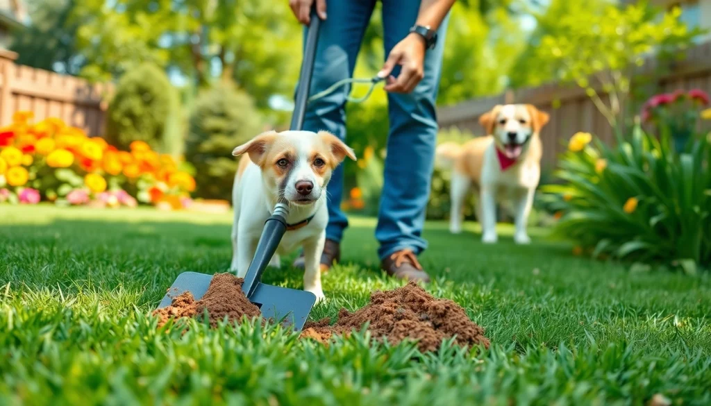 Clean up dog poop in a sunny yard while enjoying a clean and organized space.