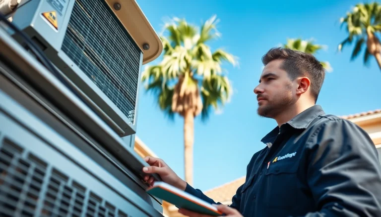 HVAC services Los Angeles technician performs air conditioning maintenance on a sunny day.