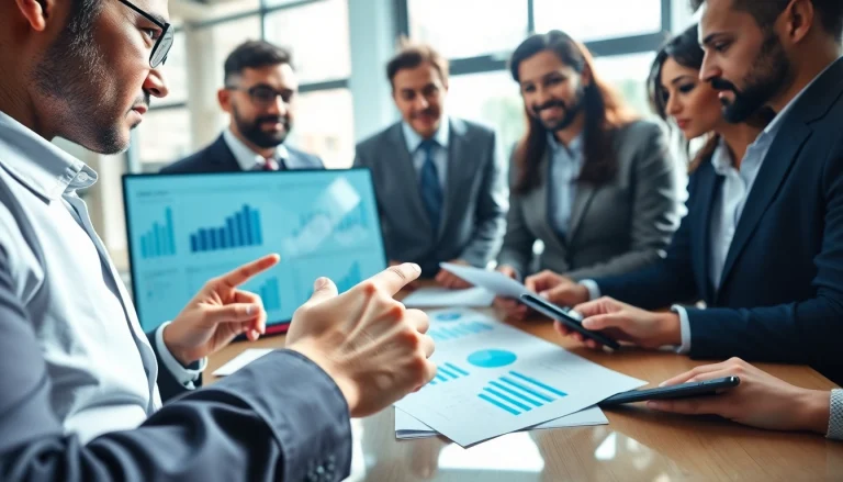 Engaged team performing competitor pricing analysis in a collaborative business setting.