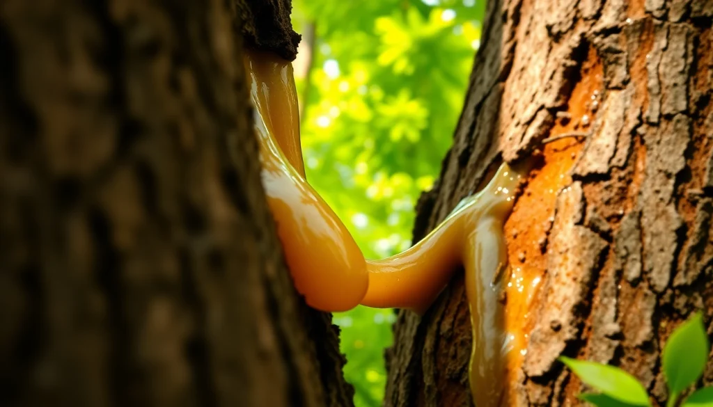 Harvester collecting Benjoin resin from a tree, highlighting its natural beauty and texture.