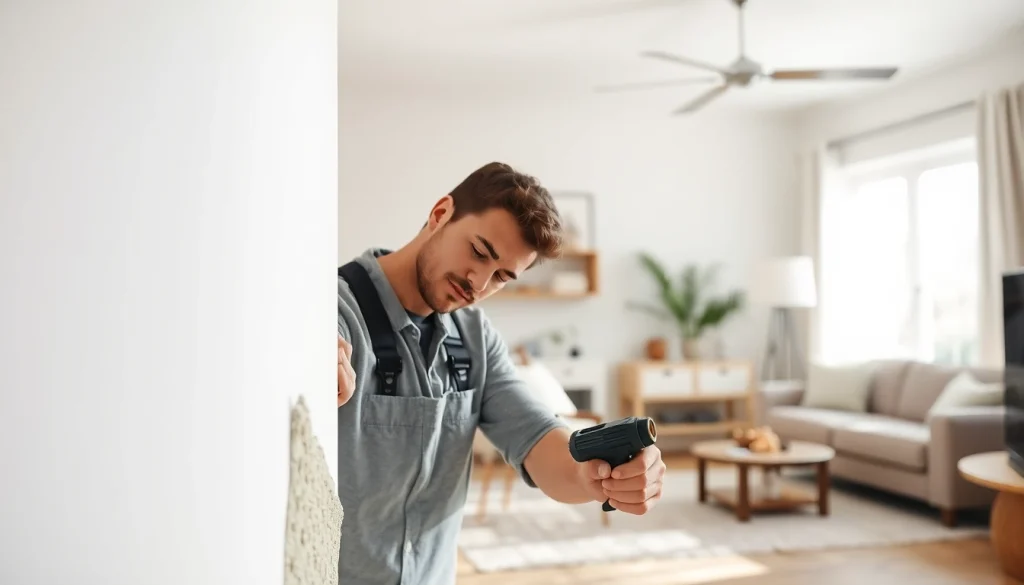 Drywall repair madison wi showcasing a skilled technician finishing a wall in a cozy living room environment.