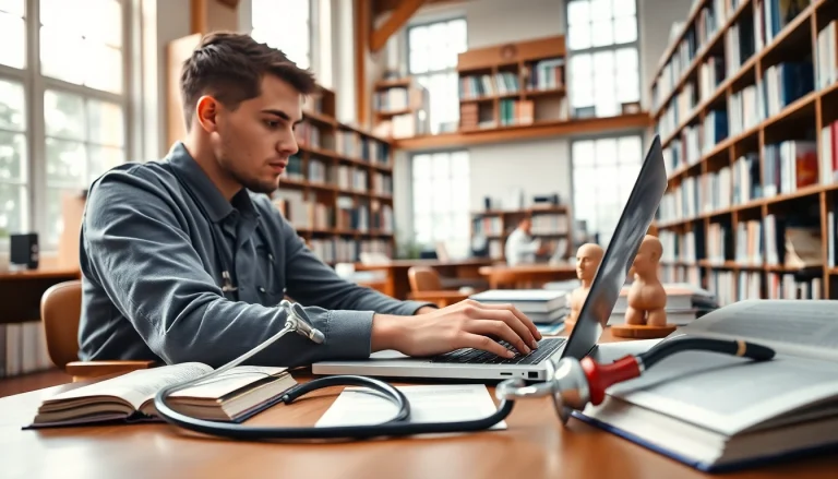 Medizinstudium ohne Aufnahmeprüfung, student studying medical texts in a bright library.