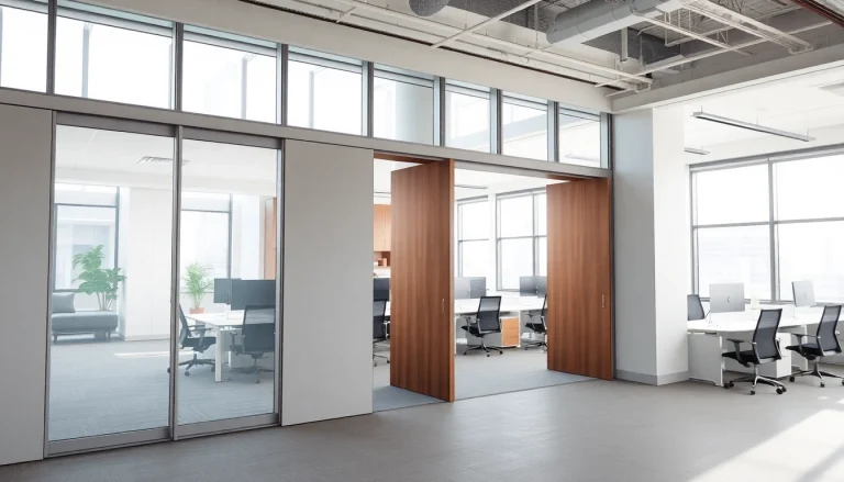 Showcase of a sliding partition wall enhancing workspace functionality in a modern office