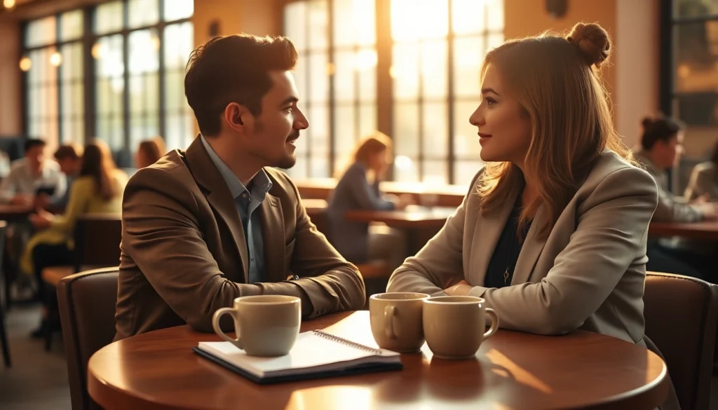 Couple practicing communication in relationships while enjoying coffee in a cozy cafe.