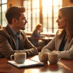Couple practicing communication in relationships while enjoying coffee in a cozy cafe.