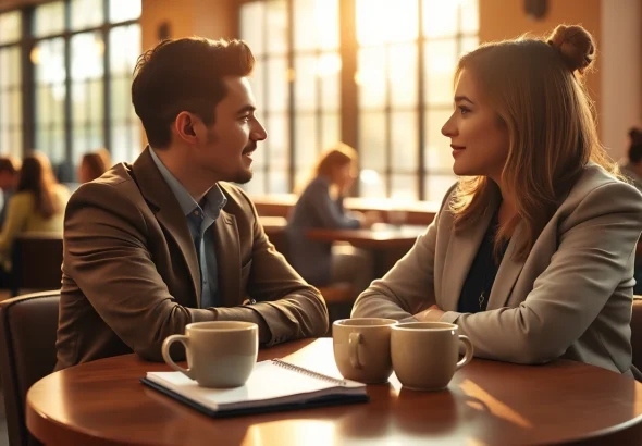 Couple practicing communication in relationships while enjoying coffee in a cozy cafe.