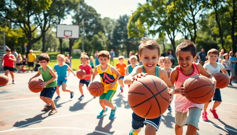 Young basketball enthusiasts practicing drills with enthusiasm on an outdoor court.