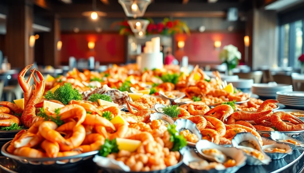 Delicious seafood buffets near me featuring crab legs and shrimp elegantly displayed.