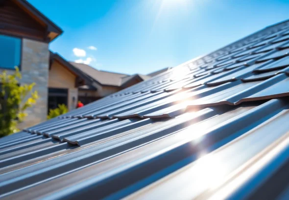 Showcasing residential metal roofing durability with a modern home backdrop