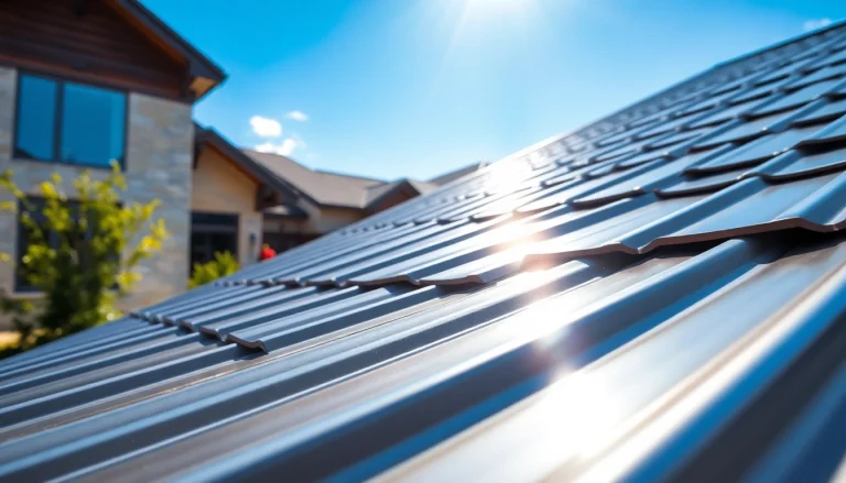 Showcasing residential metal roofing durability with a modern home backdrop