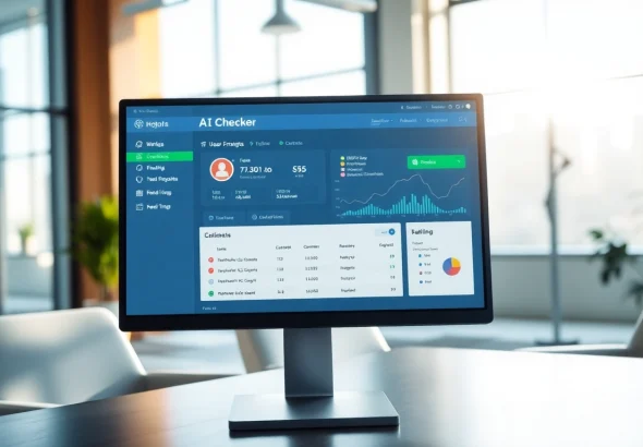 Analyzing content with an ai checker tool displayed on a computer screen in a bright office.