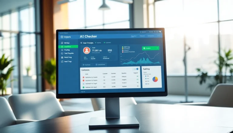 Analyzing content with an ai checker tool displayed on a computer screen in a bright office.