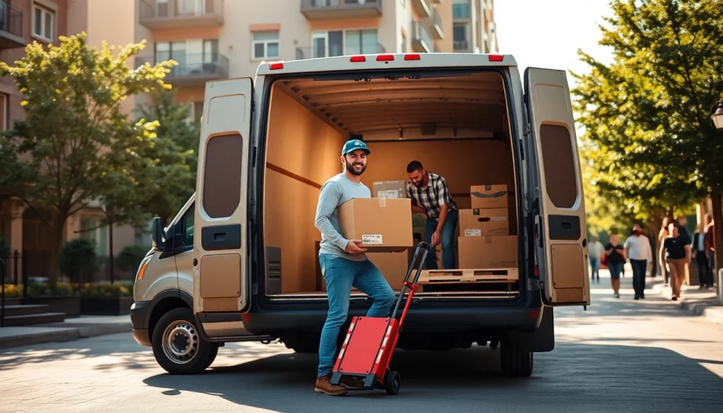 Efficient man and van moving service loading boxes into a van in a neighborhood.
