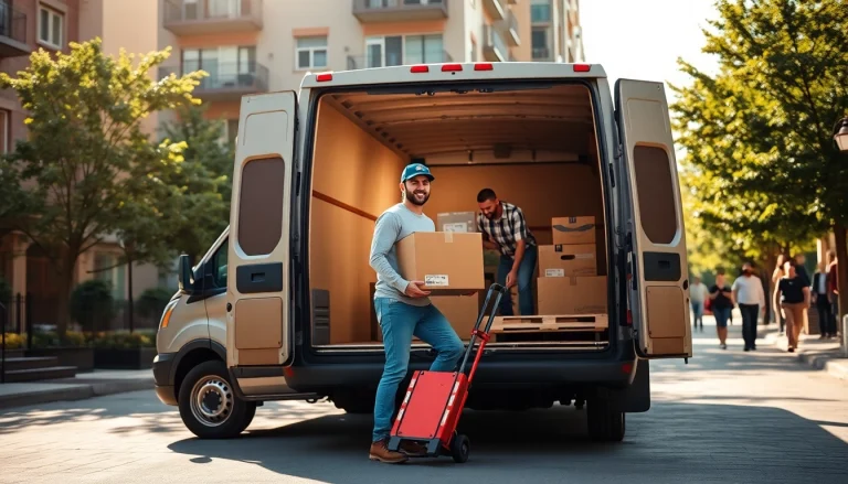 Efficient man and van moving service loading boxes into a van in a neighborhood.