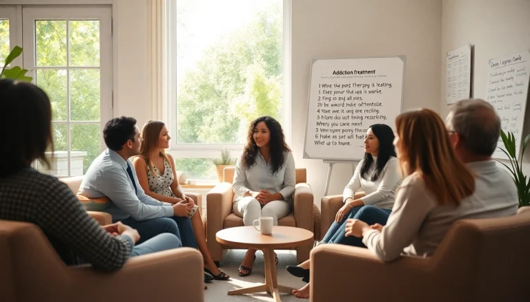 Engaged group therapy session focusing on addiction treatment in a bright, supportive environment.