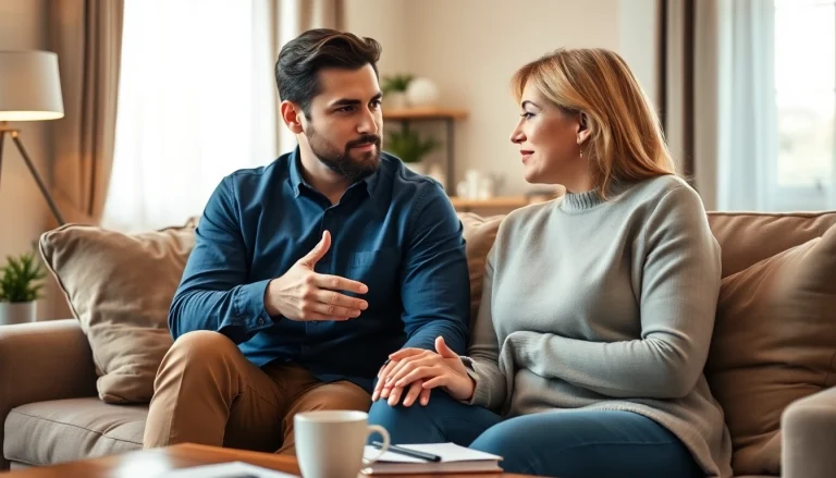 Couple practicing effective communication in relationships while seated in a cozy living room.