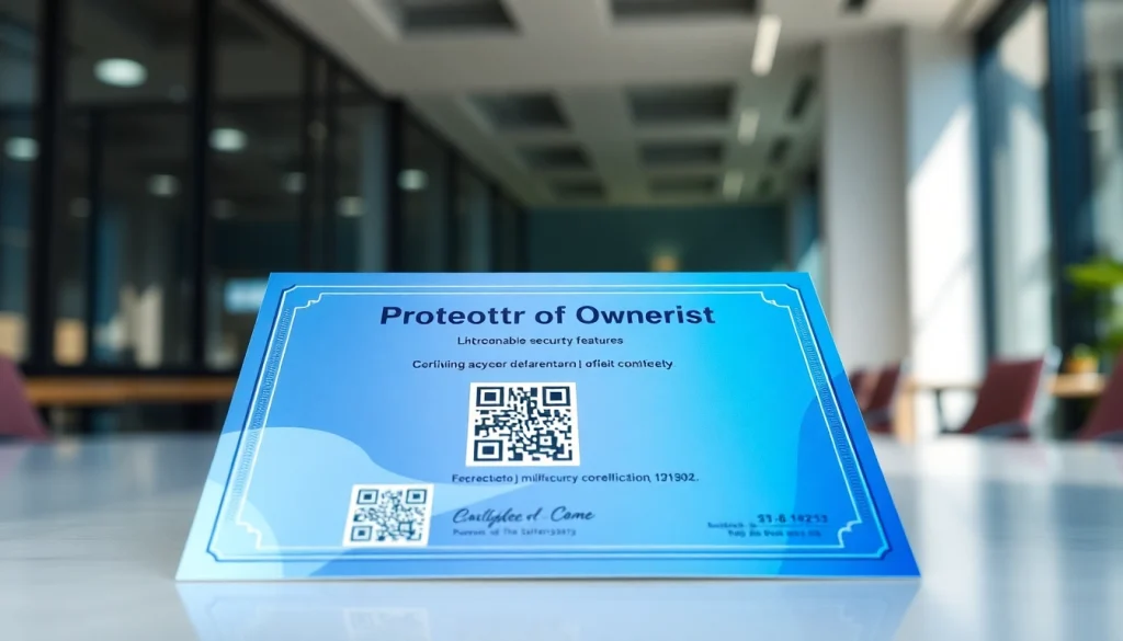 Authenticate digital proof of ownership certificate highlighting security features and design.