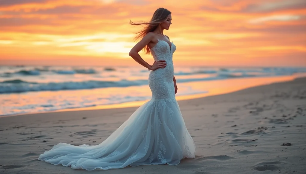 Explore mermaid wedding dresses showcased on a beach, emphasizing elegance and charm.