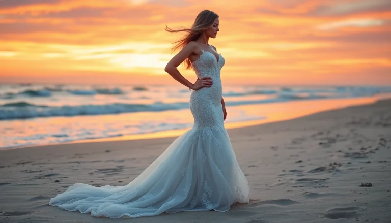 Explore mermaid wedding dresses showcased on a beach, emphasizing elegance and charm.