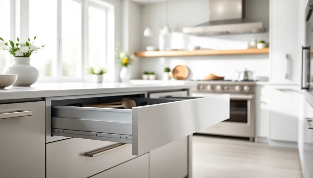 Showcasing a Double wall drawer system with modern design and soft-close features in a beautifully lit kitchen.