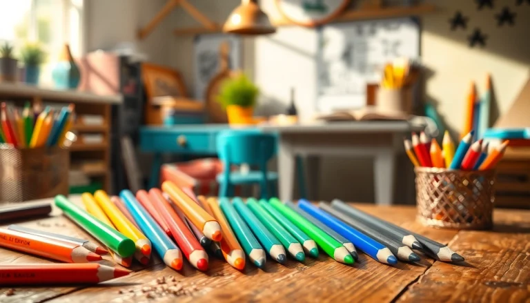 Kids colouring pencils arranged beautifully on a wooden table, inviting children to create.
