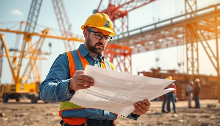 View of NVQ Level 4 Crane supervisor answers with a professional examining lifting plans at a construction site.