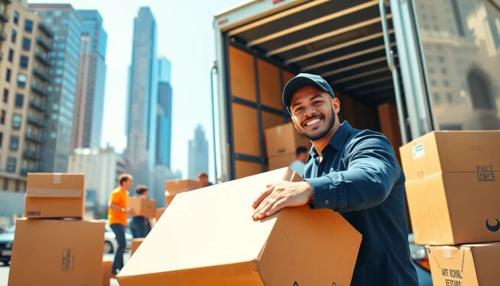 Queens movers expertly loading a moving truck in a bustling urban environment, showcasing professionalism.