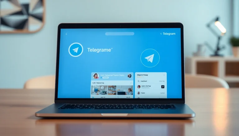 View Telegram電腦版 interface on a sleek laptop in a modern workspace environment.