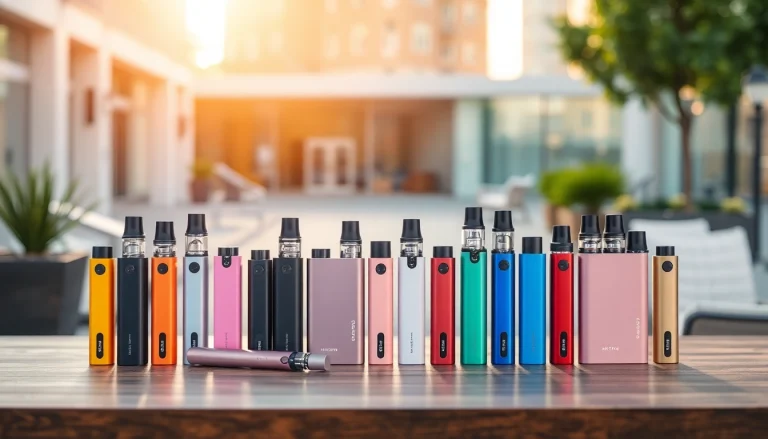 Showcase of nicotine free disposable vape devices on a wooden table with a warm urban backdrop.
