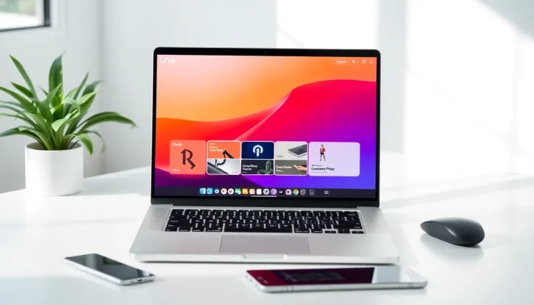 Engage with the line電腦版下載 on a laptop at a stylish workstation, showcasing productivity.