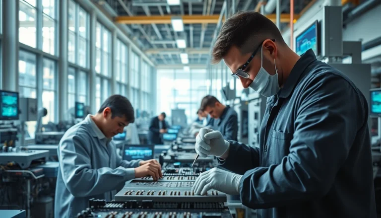 Engineers creating GREAT microchips in a modern factory, showcasing innovation and precision.