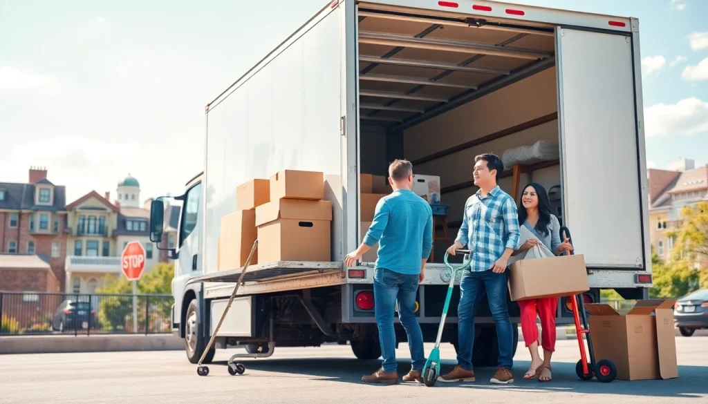 Queens movers helping a family with relocation, displaying an energetic atmosphere with a moving truck.